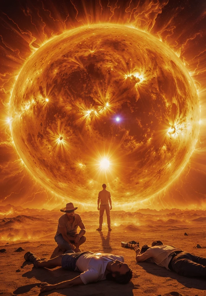 Real image of the intense heat caused by solar flares, people suffer from heat lying down. Photorealism, full view, highly detailed image, very realistic, hyperrealism, Ultra HD, 8k, 5, sharp focus, intricate and mysterious masterpiece. (Long exposure photography Artistic illustration close-up portrait very detailed: final quality, medium shot, backlight, Rich and striking. Enigmatic and mysterious manipulations (composition of the rule of thirds), ((detailed environment with strong lines) The best quality, in camera, white light, warm and clean aesthetics, dazzling screen composed of millions of brilliant ultraviolet rays, HDR.