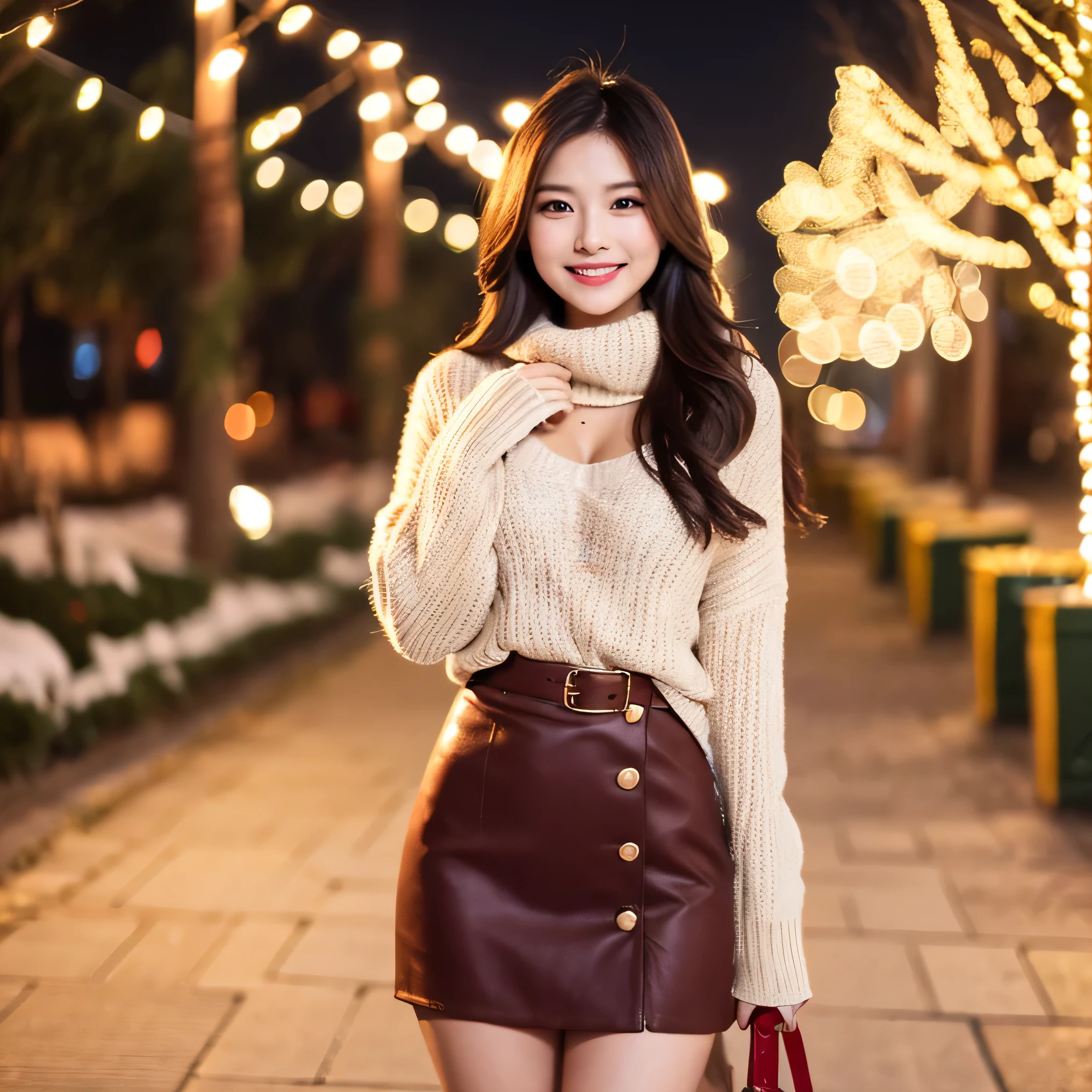 Masterpiece, top quality, high resolution, amazingly beautiful woman, unsexy winter fashion, wearing a sweater, skirt, straight hair, small breasts, natural colored lips, smile, Christmas night cityscape, gorgeous Christmas tree illumination background, looking at camera, full body shot,