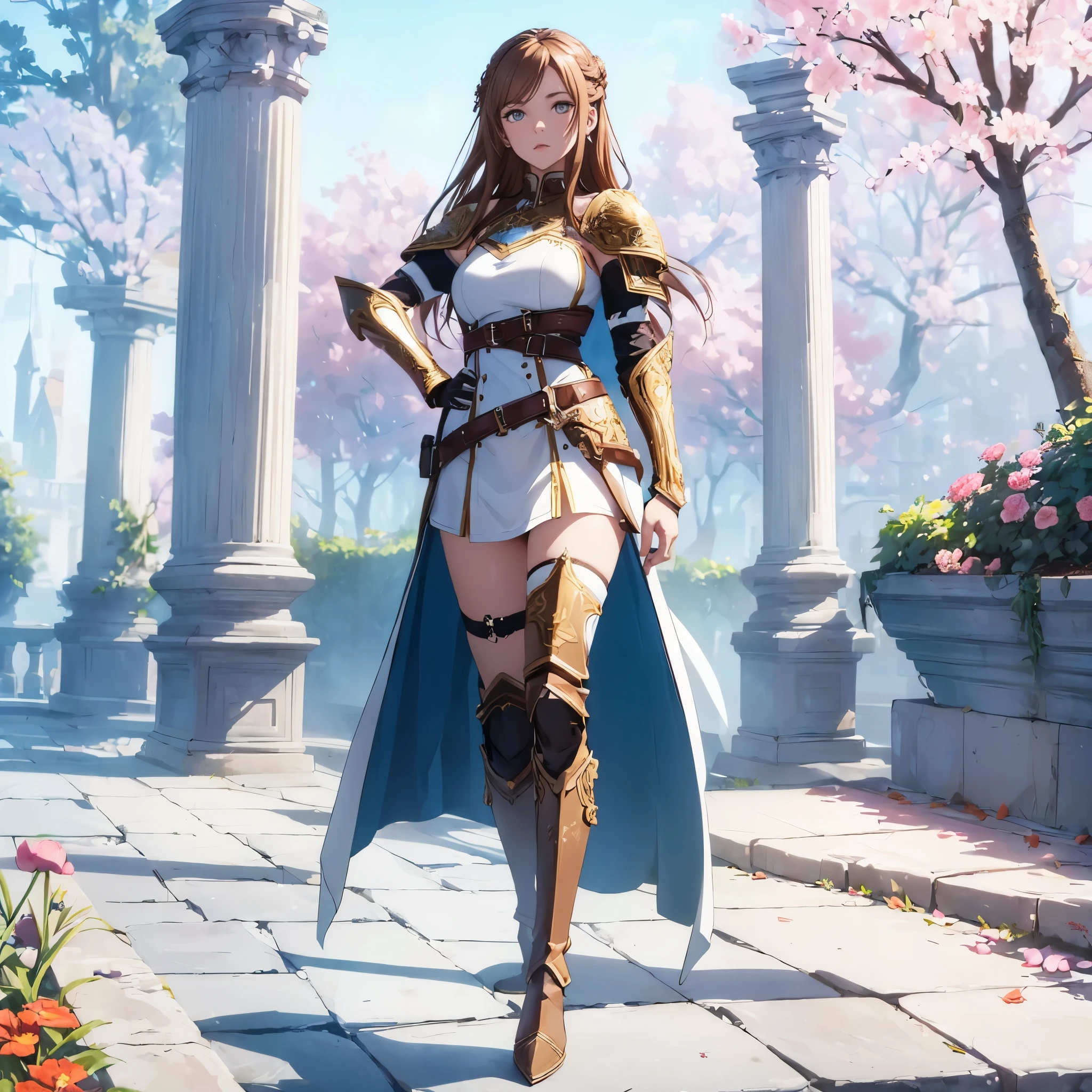 ((1girl, solo)), ((hand on hip)), standing, beautiful body, (perfect anatomy, perfect body, perfect hands, perfect legs), ((five fingers)), natural proportions, sexy body, large breasts, ((full body, full body front)) BREAK
((extremely detailed face)), (beautiful detailed eyes:1.6), (realistic pupils, realistic iris:1), expressive eyes, looking at viewer, (clear eyes:1.3), (hyperrealistic:1.2), (detailed skin texture:1.2), smooth skin, asuna yuuki, (brown hair:1.5), (brown eyes), long hair, braid, bangs, (detailed lips:1.3), (attractive lips:1.1), (glossy lips:1.1), perfect face, perfect eyes BREAK
mini dress, long sleeves, (shoulder armor:1.3), (arm guard:1.3), ((black thighhighs)), knee high boots, armored boots, thighs, zettai ryouiki, belt, cape BREAK
outdoors, day, (garden:1.5), (flower:1.3), (trees:1.3), (shade of trees:1.2), medieval BREAK
(masterpiece:1.5), anime-style, top quality, best quality, (beautiful and aesthetic:1.2), (ultra detail:1.5), Ultra-detailed depiction, Ultra-precise depiction, extremely detailed 8k illustration, high resolution, (highly detailed shading:1.2), (realistic lighting:1.4), perfect lighting, vibrant colors, dynamic tones, striking hues, 8k, absurd resolution, perfect shadows, hdr, UHD, ambient lighting, realistic, ultra-realistic, photo realistic, highly detailed, rich detail, luminous colors, fine texture, intricate design, professional illustration, (soft light:1.2), (illustration:0.7)