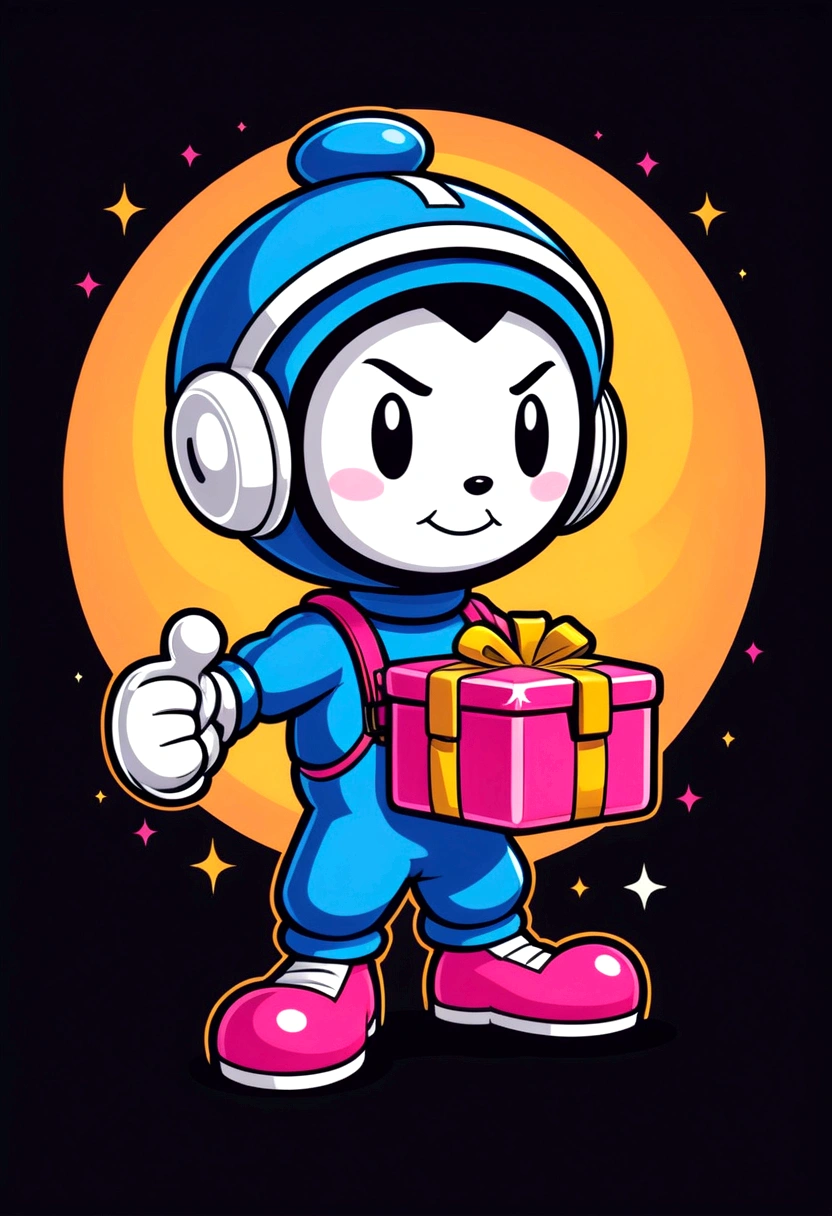 Create a cute and charming logo featuring a flirty male bomb character inspired by the 80's Bomberman game and the style of Cuphead. The design should be in black and white only, with no background. The character should appear to be running, holding a small box with a lit fuse. Ensure the bomb character has an expressive and playful look, capturing the vintage cartoon aesthetic of the inspirations.