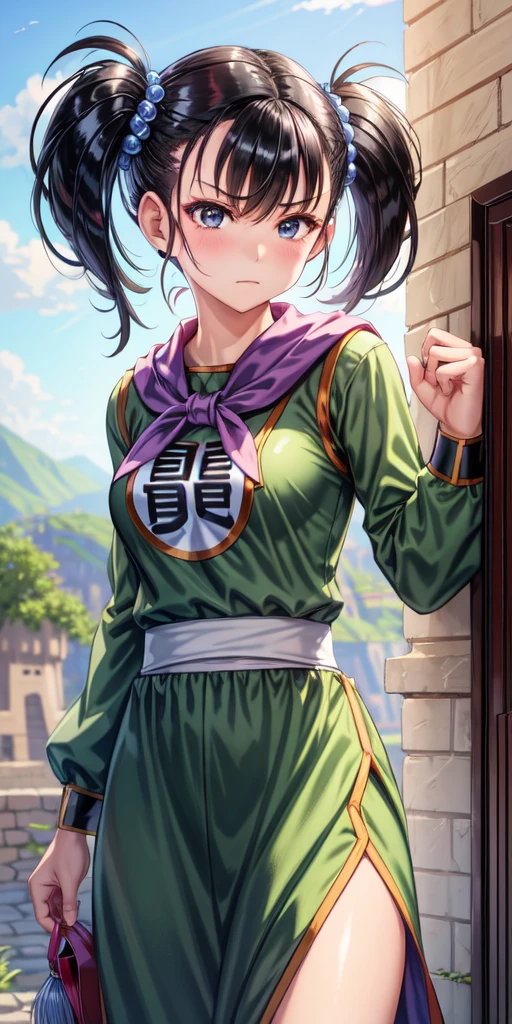 masterpiece, best quality, 4k, 8k, fighter (dq3), 1girl, solo, long hair, twintails, looking at viewer, black hair, hair ornament, long sleeves, dress, medium breasts, closed mouth, cowboy shot, black eyes, chinese clothes, hair bobbles, clenched hand, Punching, Boxing Jab, Feet Apart, Ancient Castle