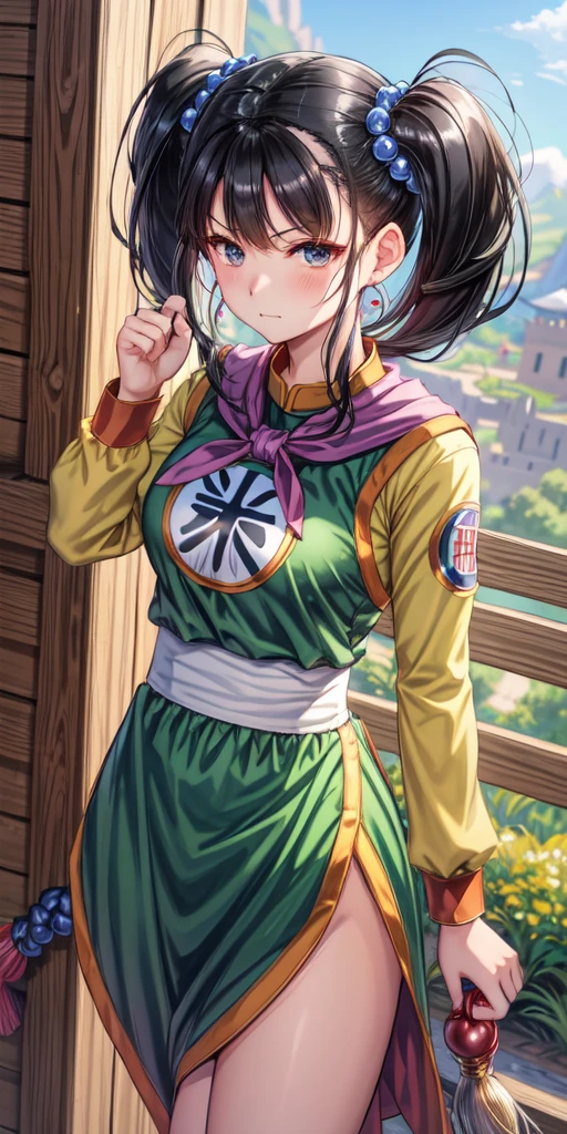 masterpiece, best quality, 4k, 8k, fighter (dq3), 1girl, solo, long hair, twintails, looking at viewer, black hair, hair ornament, long sleeves, dress, medium breasts, closed mouth, cowboy shot, black eyes, chinese clothes, hair bobbles, clenched hand, Punching, Boxing Jab, Feet Apart, Ancient Castle