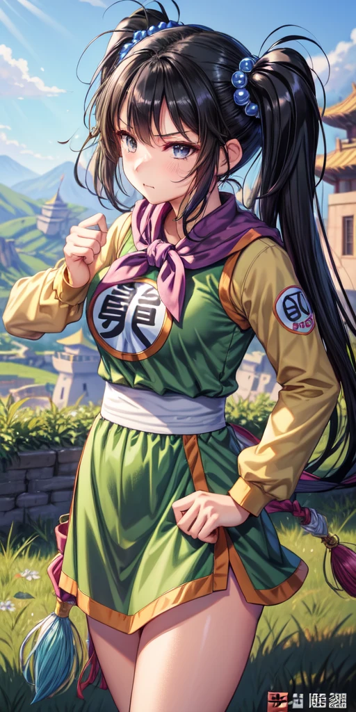 masterpiece, best quality, 4k, 8k, fighter (dq3), 1girl, solo, long hair, twintails, looking at viewer, black hair, hair ornament, long sleeves, dress, medium breasts, closed mouth, cowboy shot, black eyes, chinese clothes, hair bobbles, clenched hand, Punching, Boxing Jab, Feet Apart, Ancient Castle