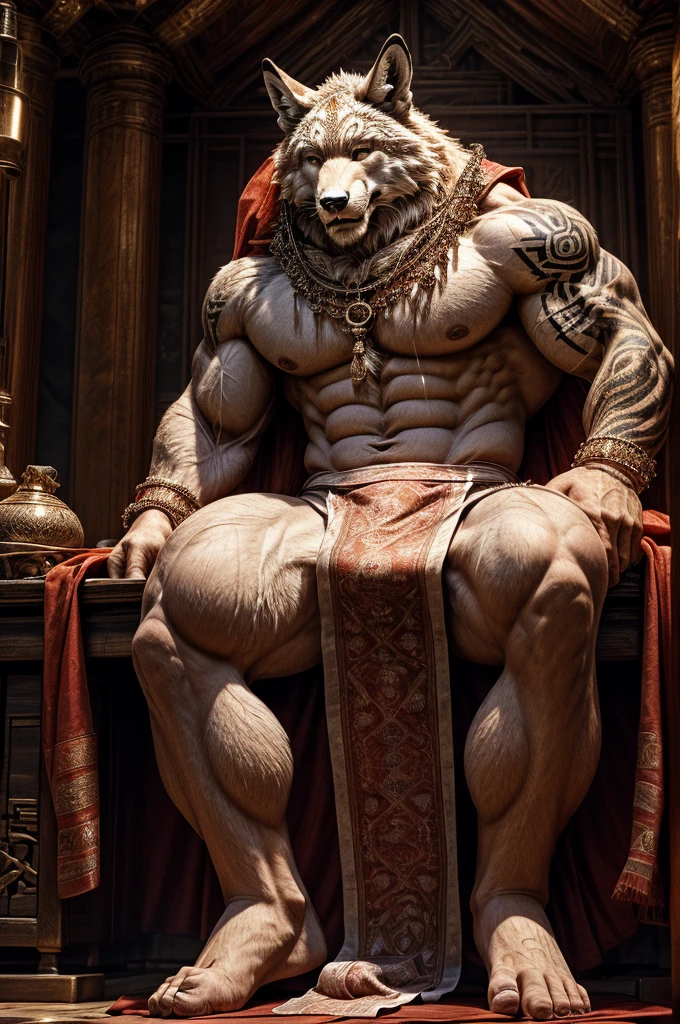 male, semen, white fox, (furry body,) high quality, realistic, muscular, massive, shrine, sacred, red tattoo, furry, masterpiece, (full nude, Luxurious small fundoshi, cum through cloth, Luxury accessories, erection under cloth,) divine, 