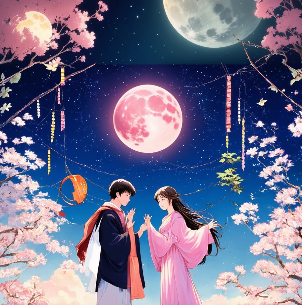 Anime couple in a flower field with a full moon in the background, Official Fan Art, Beautiful artwork illustration, Official Art, Beautiful Anime, Official illustrations, Official Anime Artwork, coronation of the flower prince, Korean Art Nouveau Animation, Official Artwork, Beautiful fantasy anime, 8K!, Beautiful peaceful scene in anime, High quality fan art, Anime Cover, official anime key visual