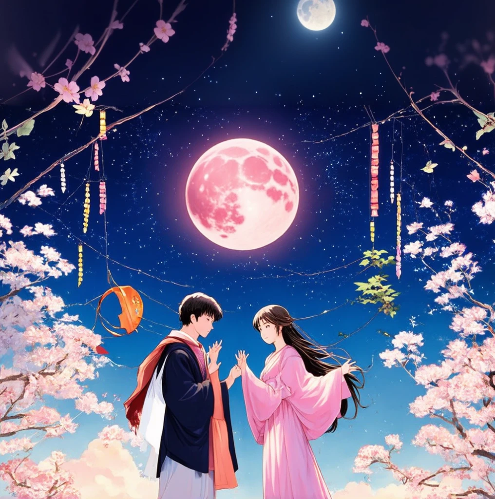 Anime couple in a flower field with a full moon in the background, Official Fan Art, Beautiful artwork illustration, Official Art, Beautiful Anime, Official illustrations, Official Anime Artwork, coronation of the flower prince, Korean Art Nouveau Animation, Official Artwork, Beautiful fantasy anime, 8K!, Beautiful peaceful scene in anime, High quality fan art, Anime Cover, official anime key visual