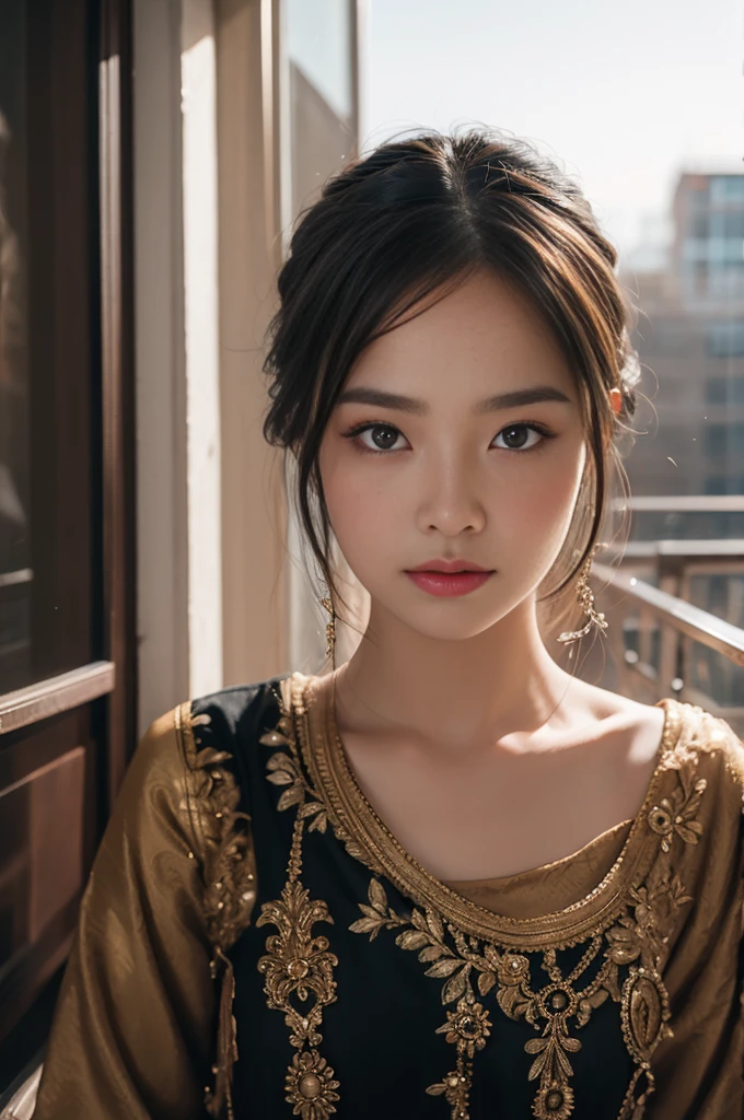 (Highest quality, 8K, masterpiece:1.3)), (1 person:1.4), 1 personの女の子, goddess, Portrait Photography, High Contrast, God's Perspective, Aperture F1.2, Focal length 24mm, (whole body:1.5), smile, Photo pose, Quality lace, Slip dress, Simple Cut dress, Branded Dresses, Simple Cut, Long black hair, Tying up hair, Highly detailed skin details, Detailed fabric texture