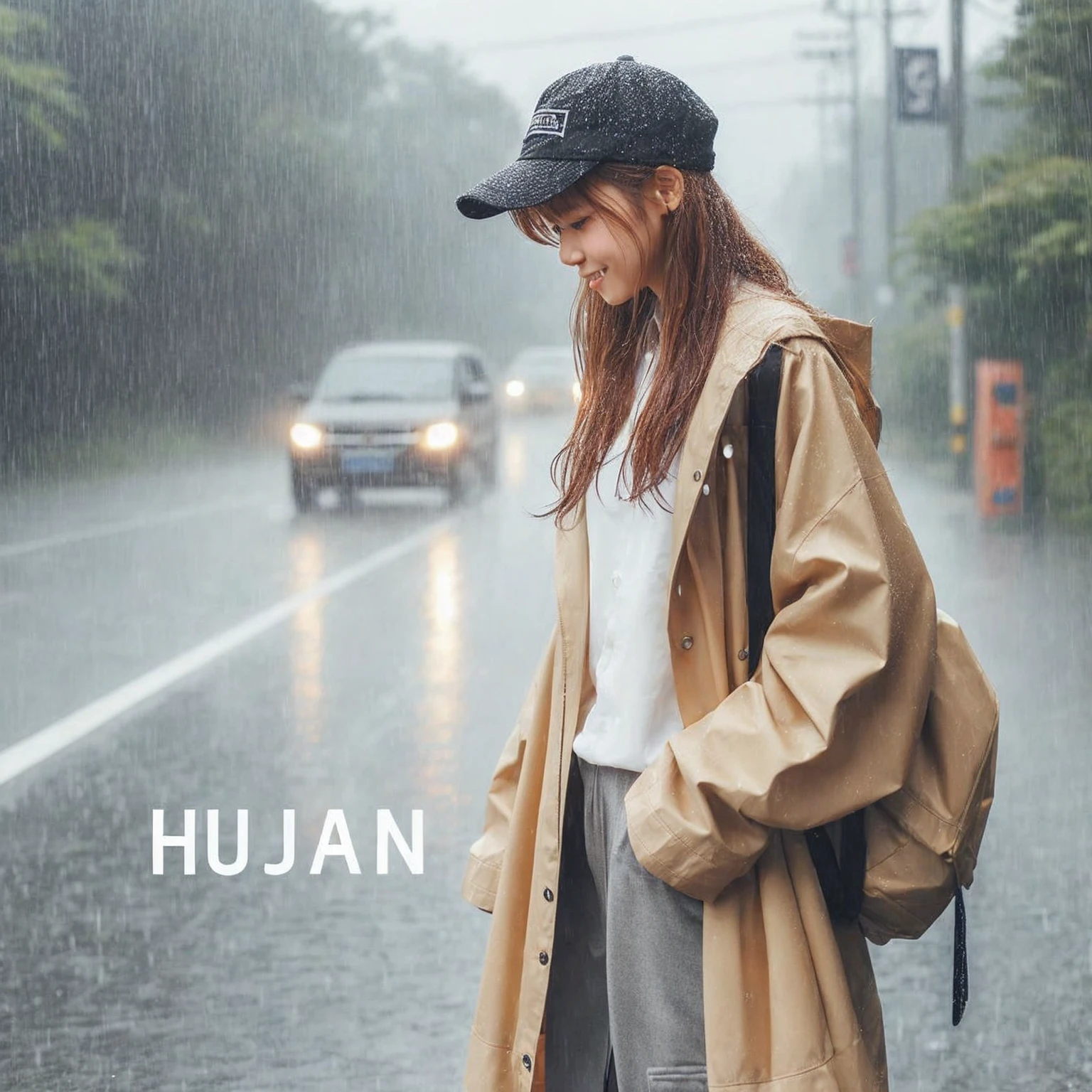 A high school student is standing outside, soaking wet from the rain. She is adjusting her uniform skirt while surrounded by some friends sitting behind her. Her friends are smiling as they watch her, while other people are passing by in the background. They are all wearing similar school uniforms.