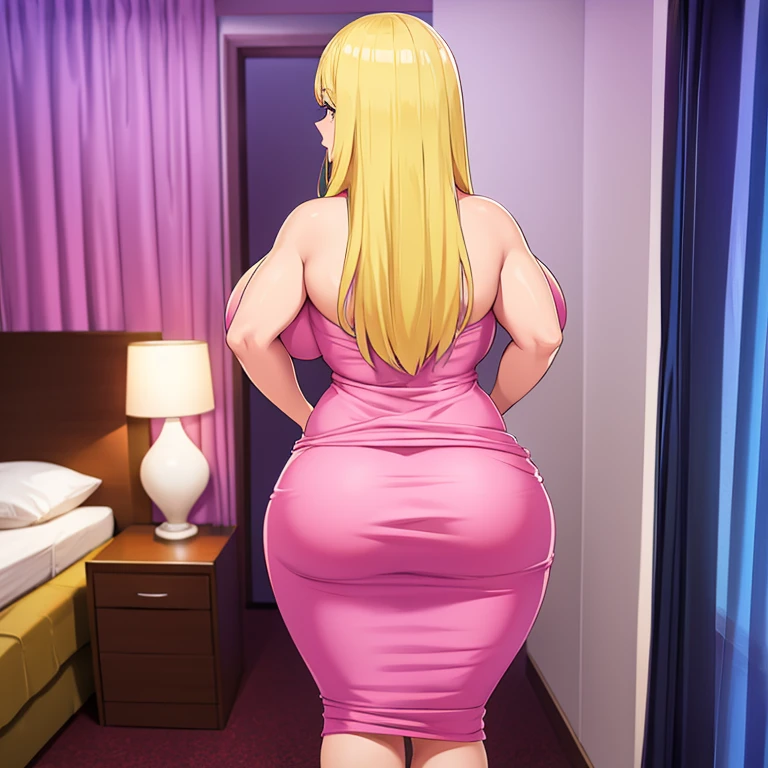 1girl, milf, Blonde, fitted pink dress, flushed, curvy body, gigantic breast, neckline, sexy, Standing, from behind, ( hotel room).