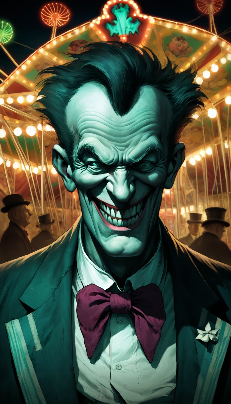An old, faded portrait of Mr. Grimley, the carnival owner, with a malevolent expression.