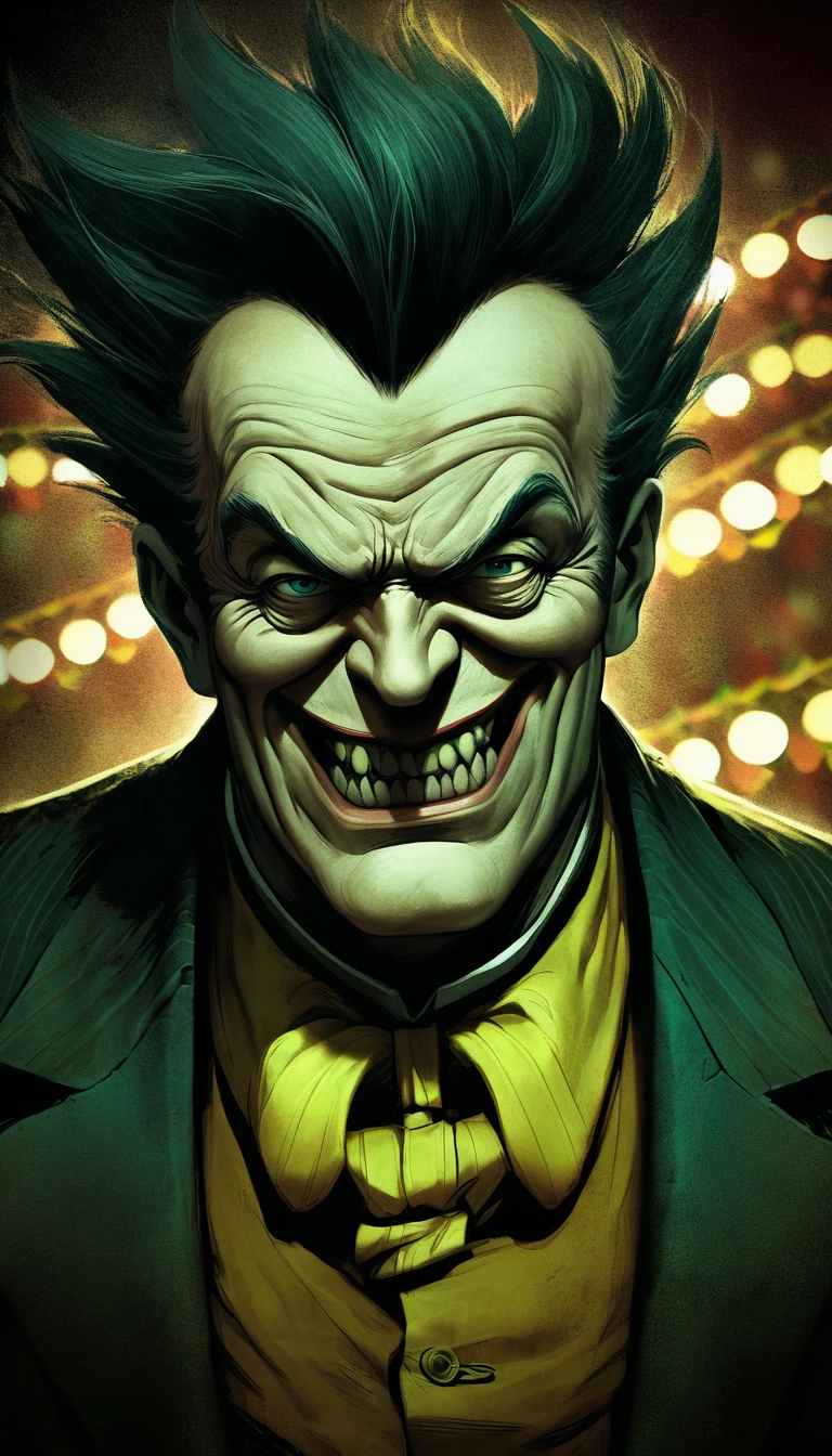An old, faded portrait of Mr. Grimley, the carnival owner, with a malevolent expression.