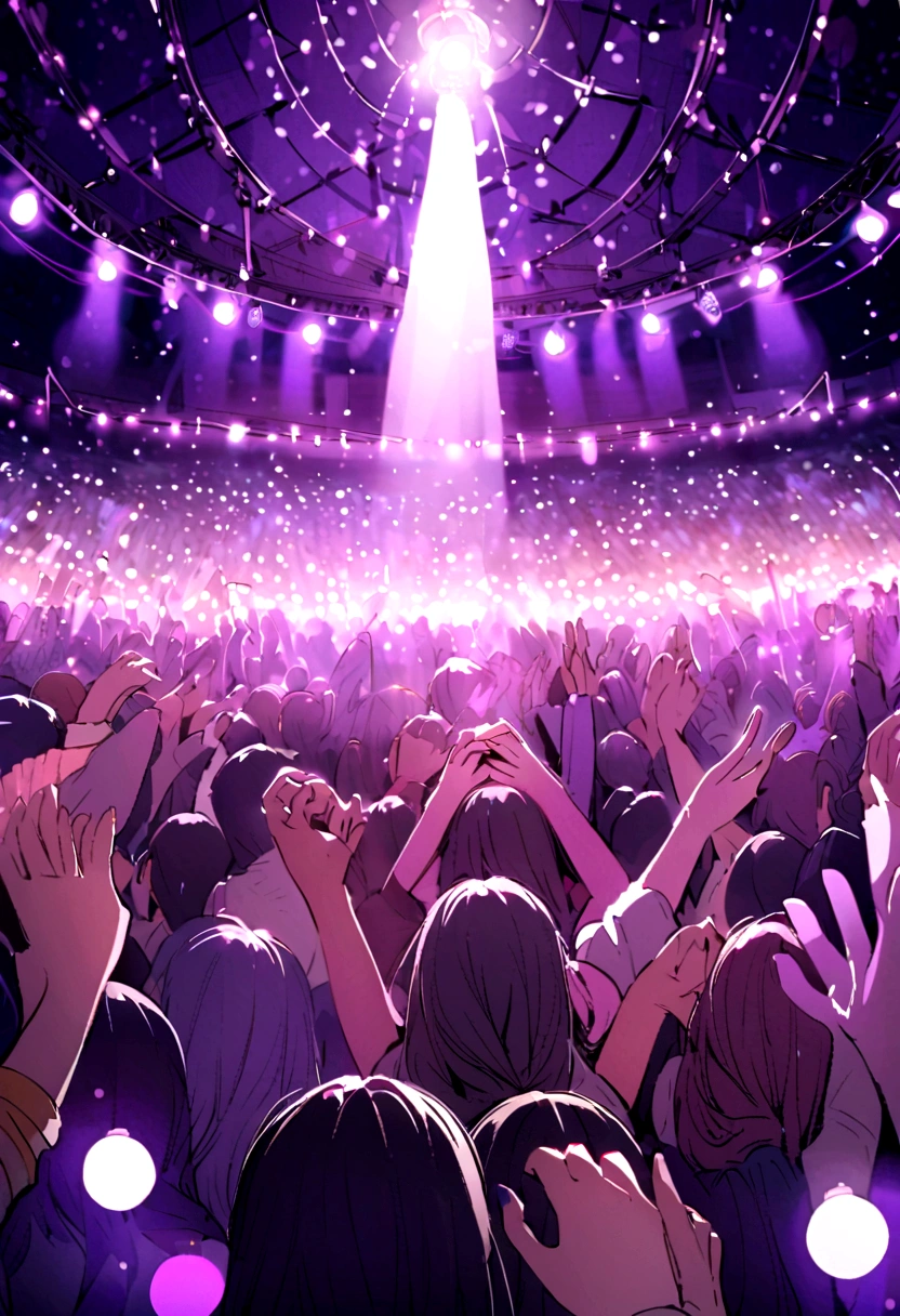 Concert audience with small lights in their hands, hands up, purple lighting, many lights, lively atmosphere