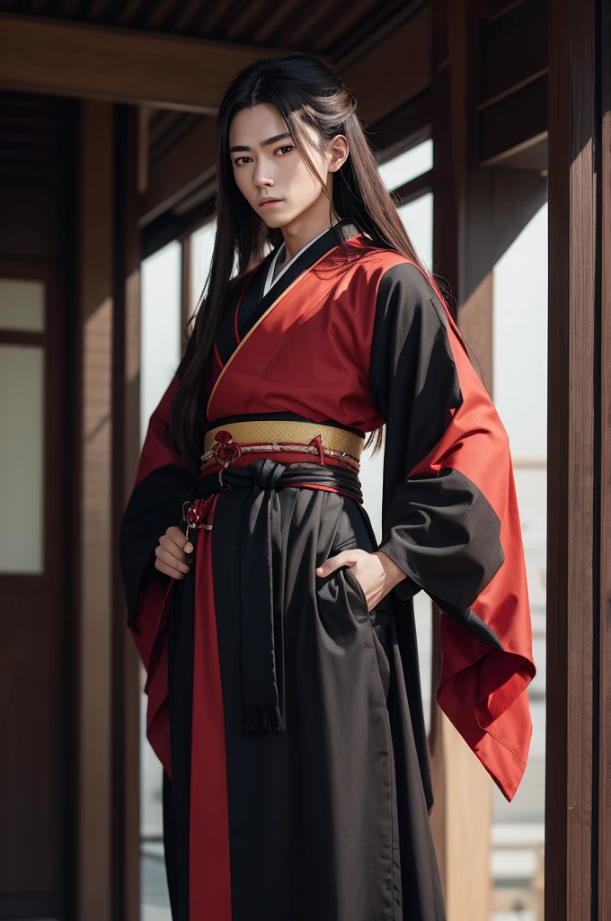 ((アニメ)) A young samurai, 18-years old, long brown hair, red and black kimono, cyberpunk scenario
