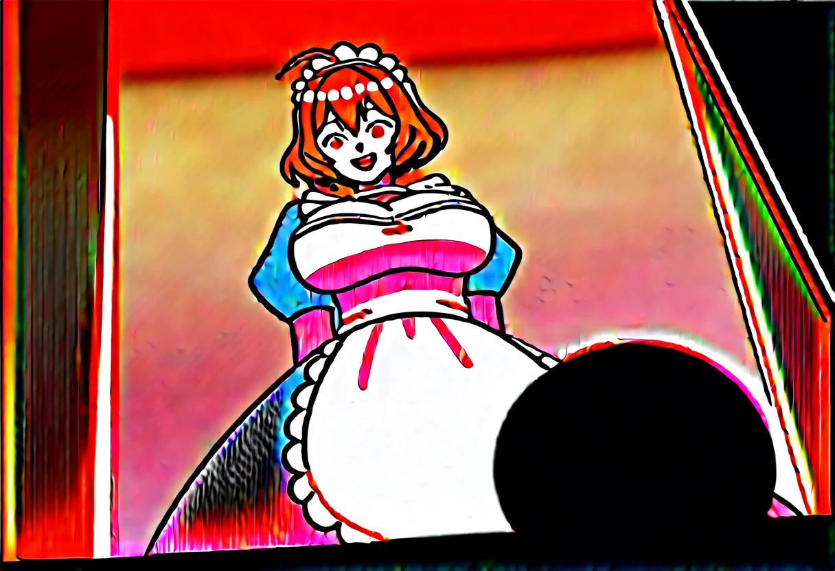 score_9, score_8_up, score_7_up, source_anime BREAK anisrnd, ahoge, short hair, brown hair, mansion, room, big breasts, looking down, open mouth, smile, maid