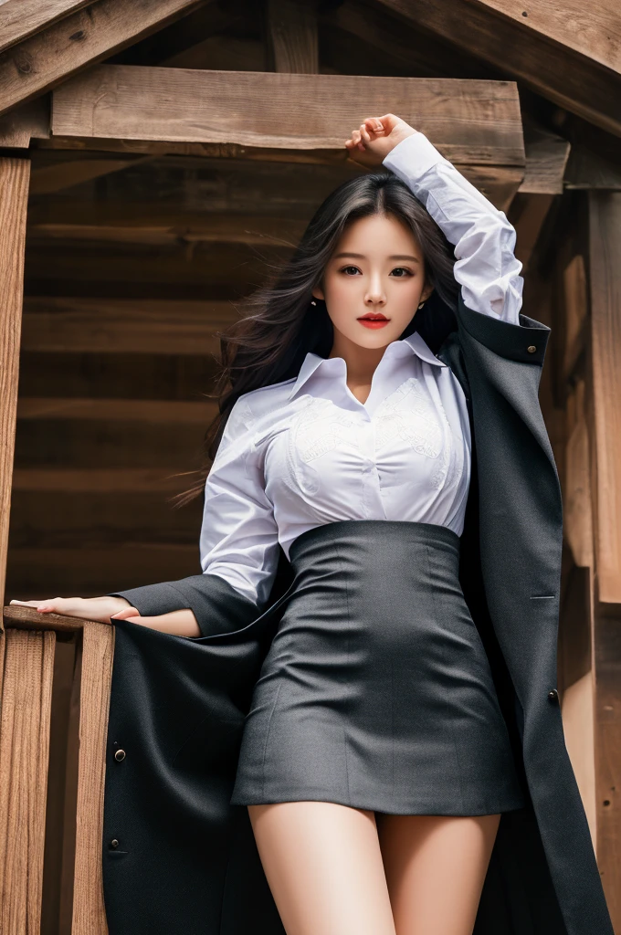 a 19 year old girl, she is the most beautiful actress in the world, the perfect body proportions of this girl, the blazer is worn on the formal shirt that's covering her upper body, her crotch area of the panties are hardly hidden by short skirt, her bare legs, it's seen just front of her body, it from just above her head to just below her shins are within one frame, she is standing, nsfw, best quality, highly detailed, masterpiece, ultra high res, photo realistic, 8k, RAW photo
