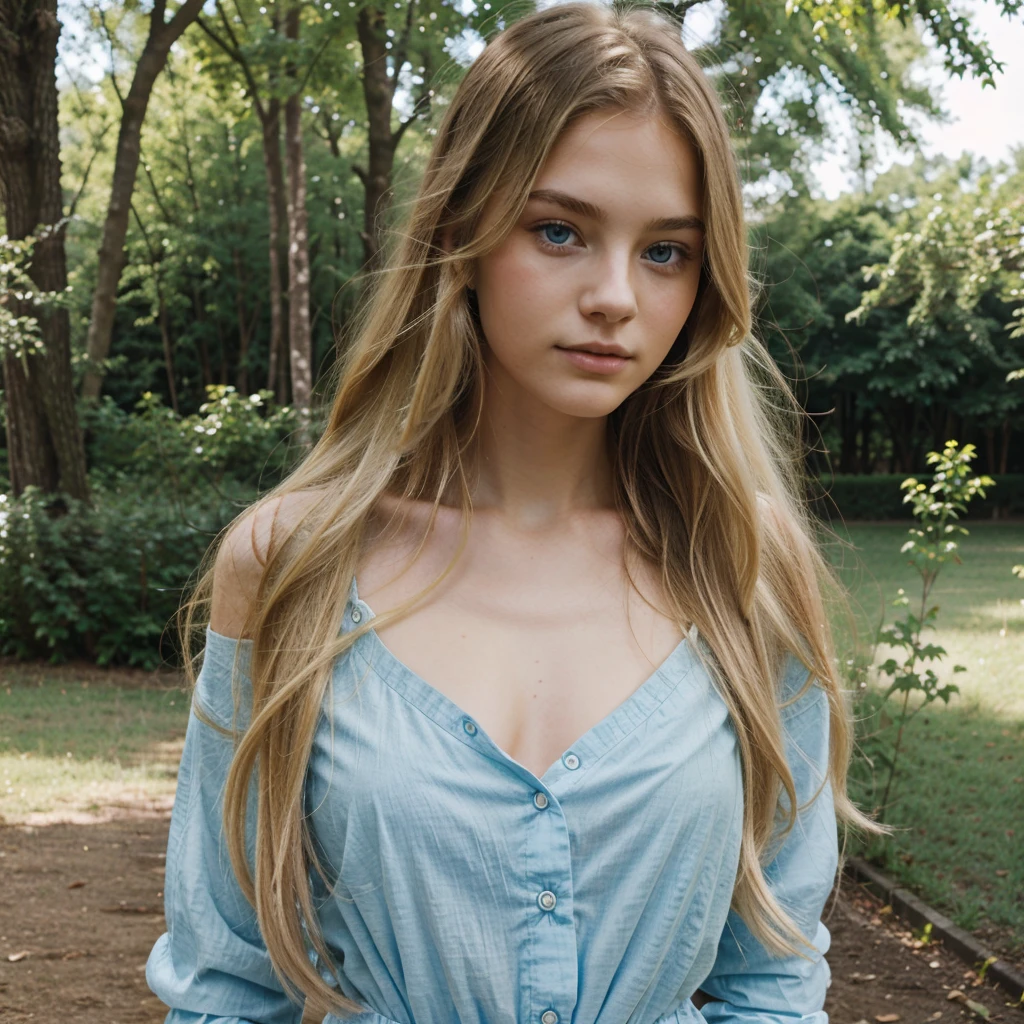 long hair, blonde, 20 year old, blue eyes, delicate face, fashionable, nature