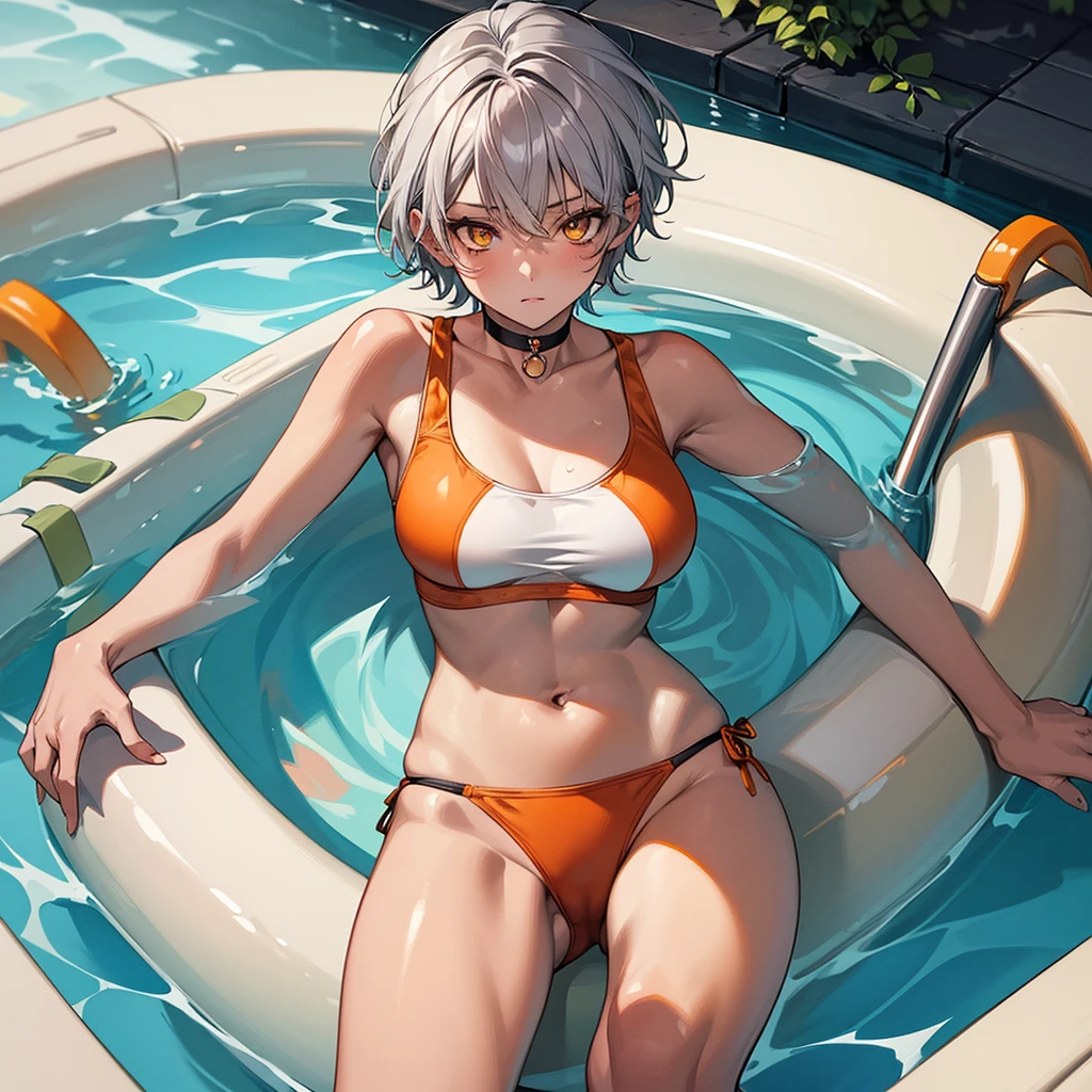 masterpiece, Highest quality, Perfect Face, Highest Resolution, Highest quality,Detailed depiction of the eyes, 1 girl, young, deep tan skin, slate gray hair, short hair, upturned eyes, Yellow Orange eyes, Perfect Anatomy, ribbon choker, swim suit, large pool, Feet Focus