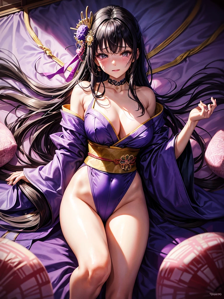 Highest quality,Highest Resolution,A crying beautiful woman in a purple kimono leotard,Black Hair,hairpin,High leg,Japanese-style room,whole body,tabi,Tears,Open your mouth and drool,Very beautiful eyes,