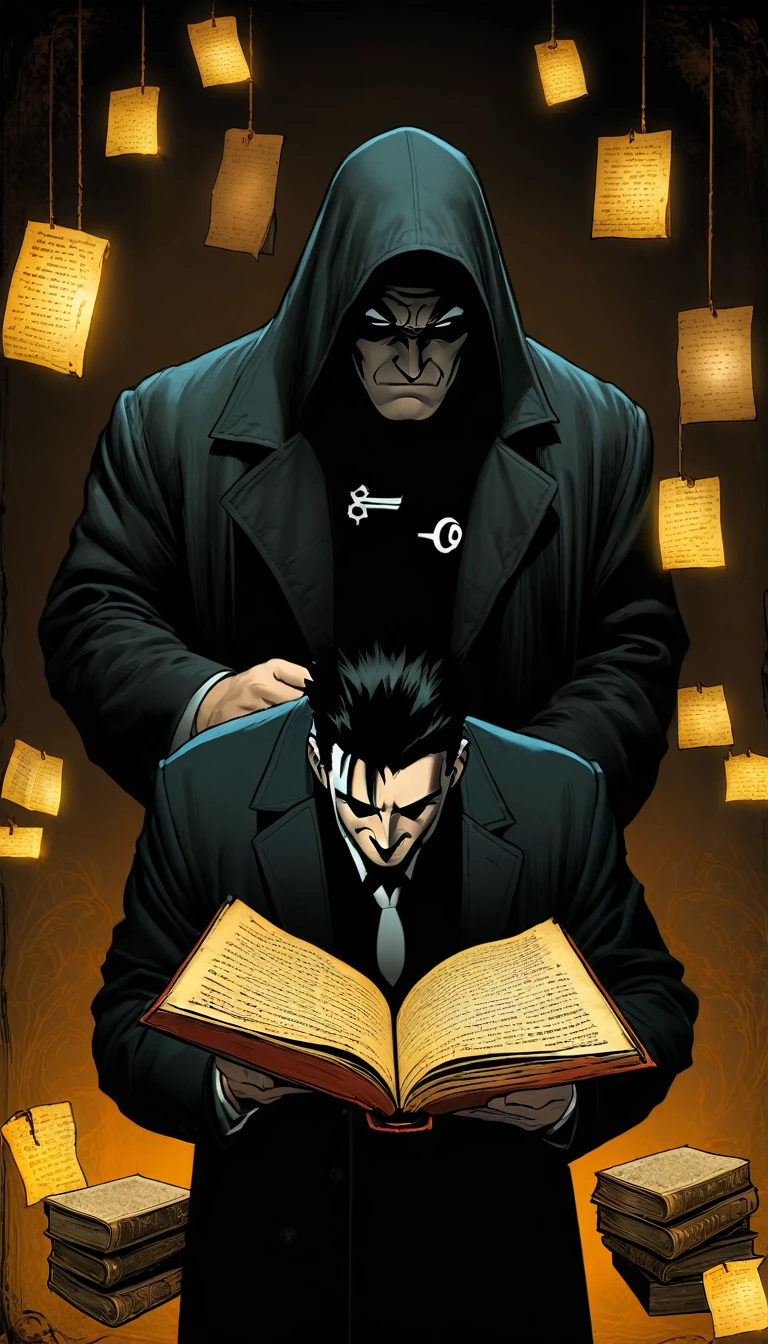 The friends finding an old book with dark symbols and notes about Mr. Grimley's pact with dark forces.