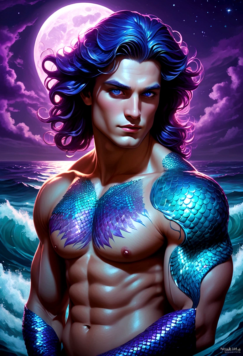 Bathed in the moonlit ocean, a mesmerizing man with skin glowing in deep shades of blue and purple looks out with eyes that seem to glow in the darkness. The stunning scene depicts a fantastic sea, captured in a breathtaking painting that highlights the merman's ethereal beauty. Every detail, from the intricate scales to the enigmatic expression, exudes an aura of mystery and fascination. This masterfully crafted image enchants the viewer with its vibrant colors and exquisite details., making it a feast for the eyes.