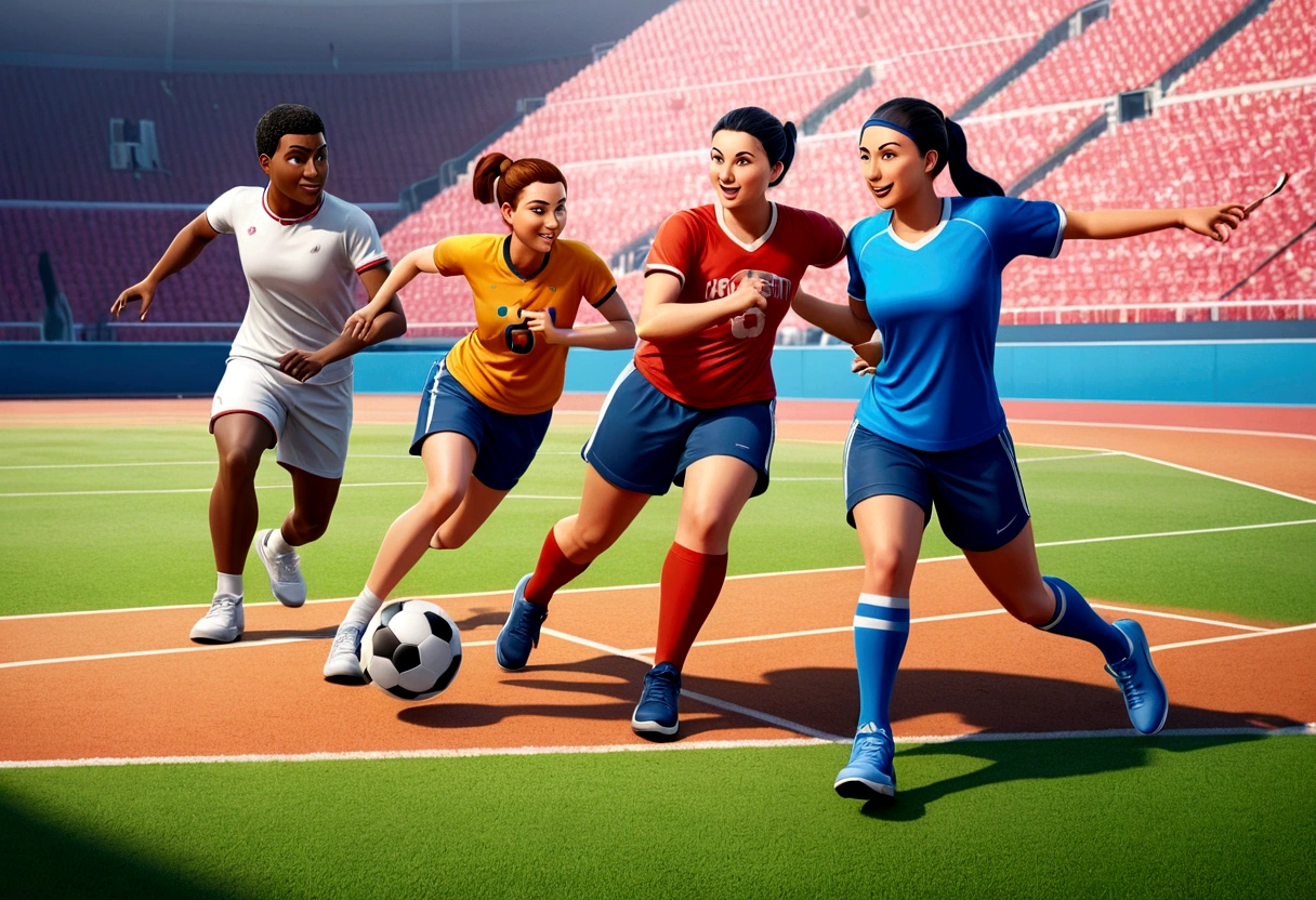 
arafed image of a group of people playing different sports, sports setting, sport game, professional sports style, general, sports logo, sports mascot, sports, sports broadcast, sport, detailed illustration, sports photography, illustration detailed, computer - generated, games, sports team mascot, simple illustration, 🤬 🤮 💕 🎀