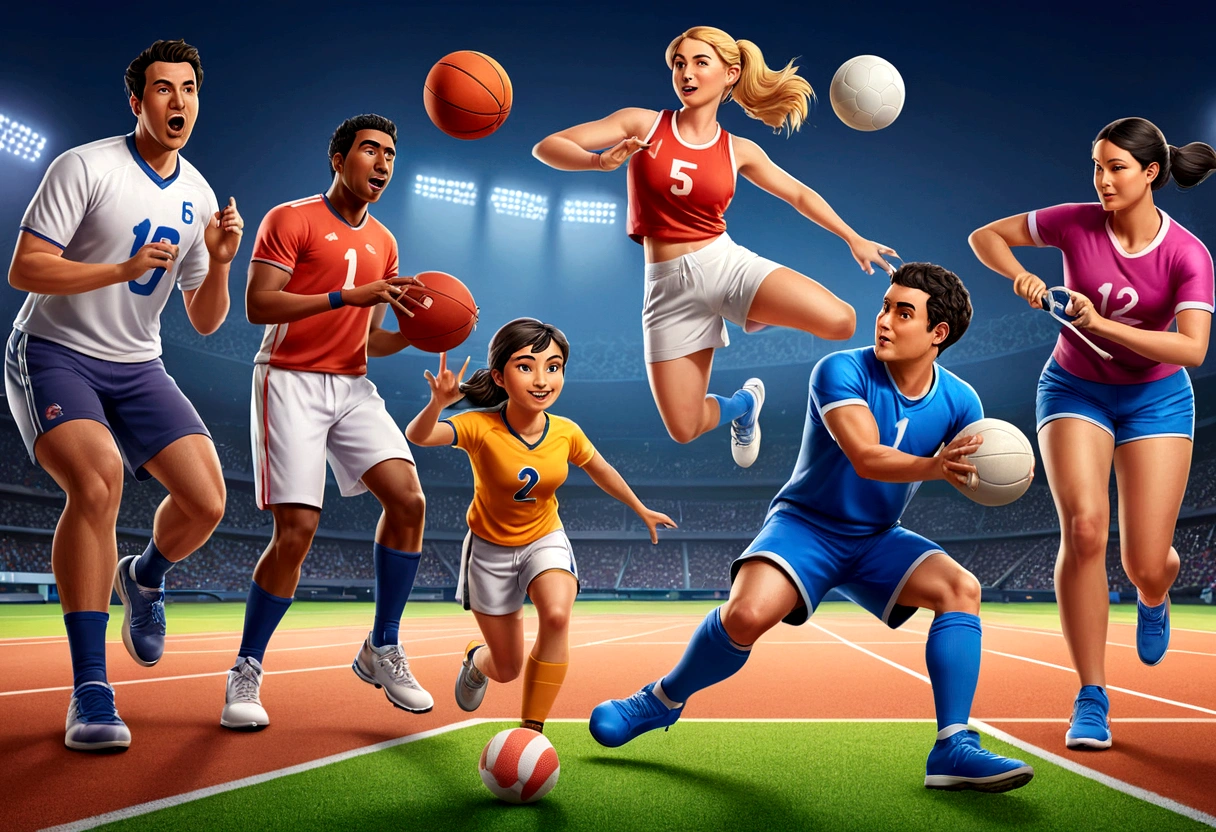 
arafed image of a group of people playing different sports, sports setting, sport game, professional sports style, general, sports logo, sports mascot, sports, sports broadcast, sport, detailed illustration, sports photography, illustration detailed, computer - generated, games, sports team mascot, simple illustration, 🤬 🤮 💕 🎀
