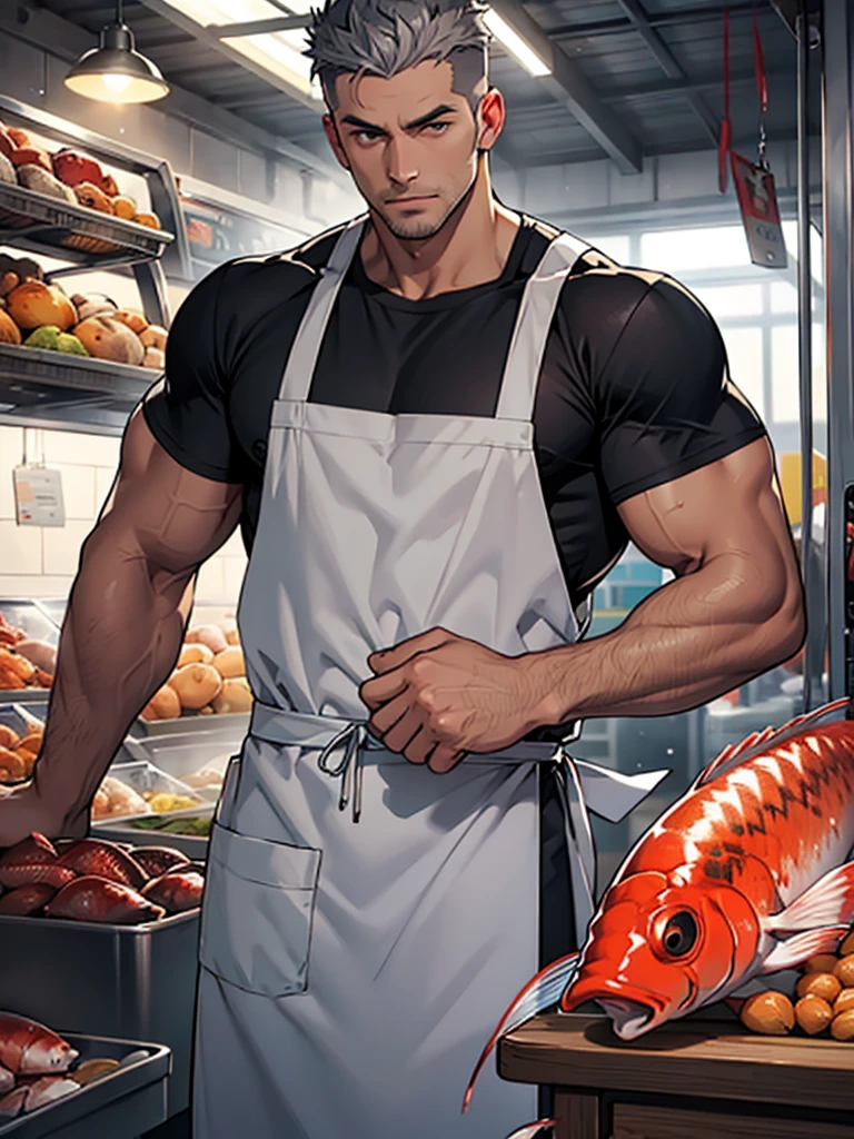 men wear dark gray shining apron over white T-shirt, muscular and handsome,fish market