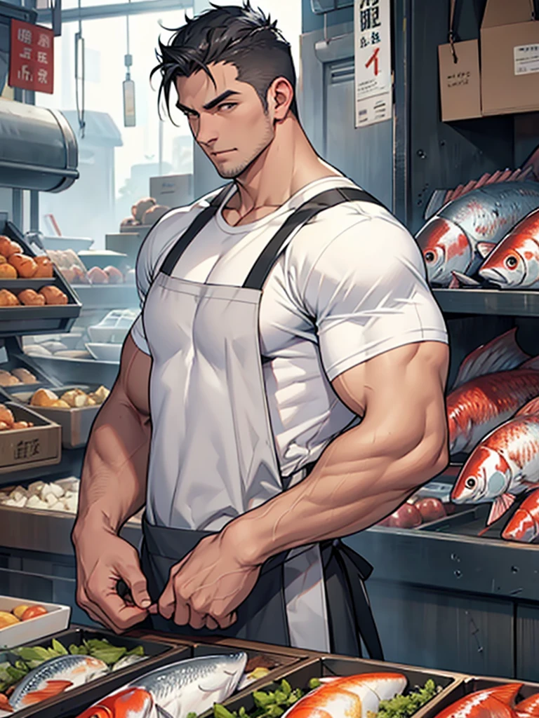 men wear dark gray shining apron over white T-shirt, muscular and handsome,fish market