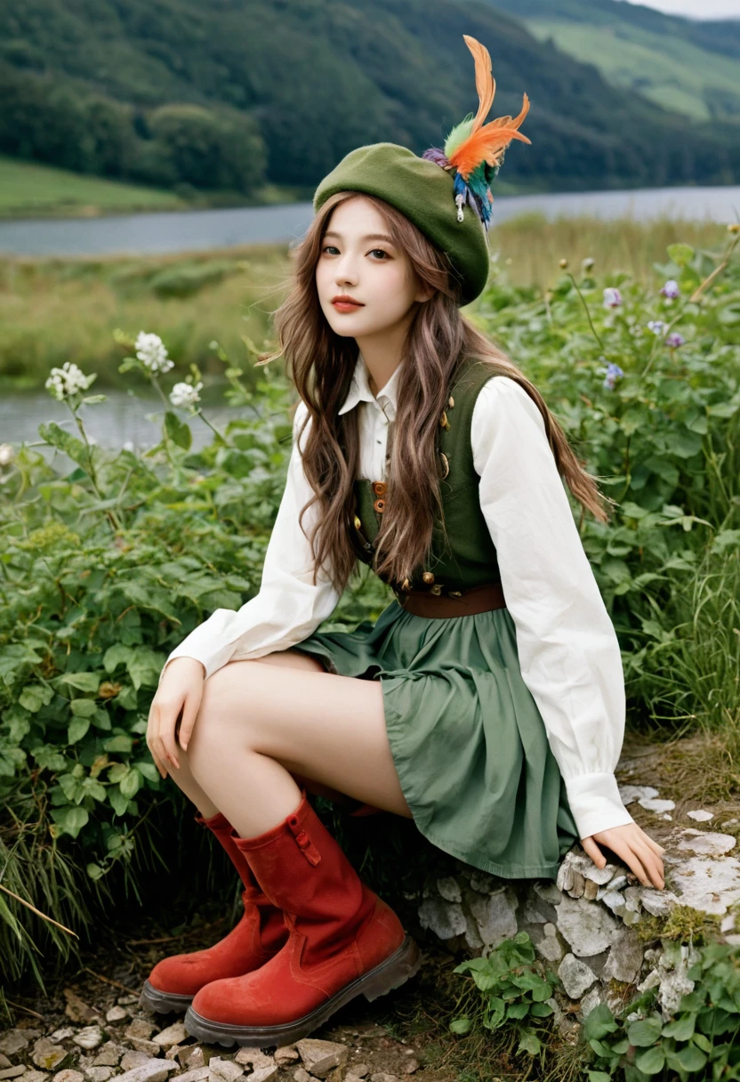 Highest quality, (masterpiece:1.2), figure, Absurd, (One girl, alone), (Beautiful detailed girl),, Aeolian, Lilac hair, Long Hair, Red eyes, Medium chest,, Happy, Hilarious,, Green hat, Hats with feather ornaments, Green Dress, Green coat, (Fantasy:1.1) (Medieval:1.1) Costume, (black_pantyhose:1.1), White shirt, Brown shorts, Fleece lined boots, Brown boots,, Magical Forest, Flowers, Fairy Rings, ancient ruins, Stone ruins, lake, null, cloud