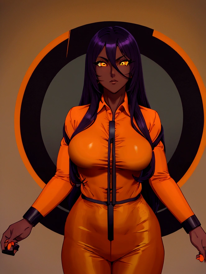 Yoruichishihouin, Yoruichi Shihouin, wide, (yellow eyes:1.5), Horse tail, purple hair, Dark skin, (mujer de Dark skin:1.5),wide and sexy hips, medium breasts,
Rest bodysuit, black jumpsuit, jumpsuit under clothes, (Orange shirt:1.5), long sleeves,
REST outdoors,
REST looking at the viewer, (cowboy shot:1.5),
BREAK (Masterpiece:1.2), Best Quality, high resolution, unity wallpaper 8k, (illustration:0.8), (Beautiful detailed eyes:1.6), extremely detailed face, perfect lighting, Extremely detailed CG, (perfect hands, perfect anatomy),
