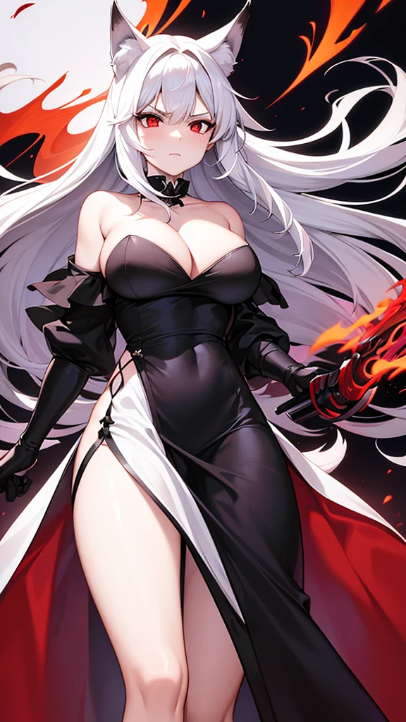 An adult woman half fox and wolf, wide breasts, red eyes, white hair, very angry, in a black little open dress, holding a sword