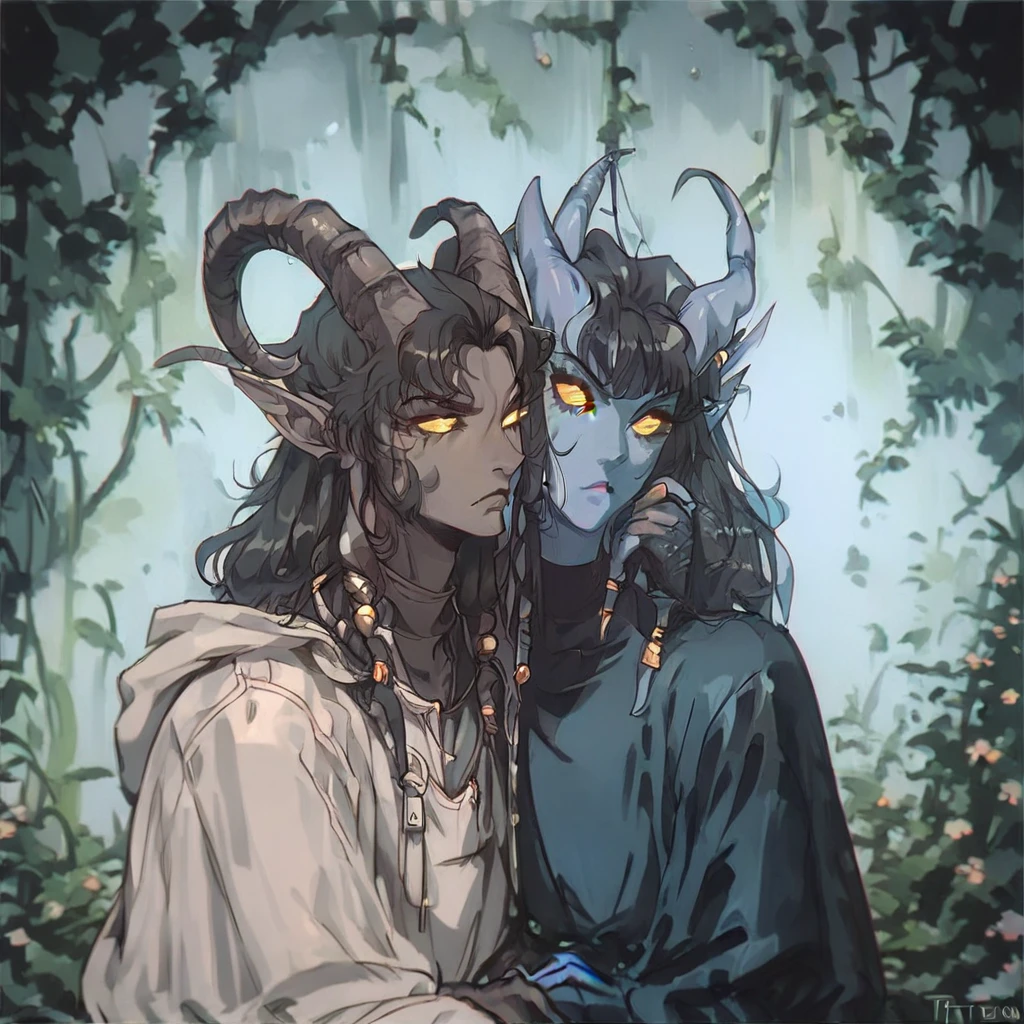 (((Beautiful, high quality, a lot of details))), portrait, check_9, check_8_up, check_7_up, tiefling, pointed ears, horns like a goat, colored sclera, 1 boy, dark gray skin, black hair, golden eyes eyes, frowning look, serious face, modern clothes