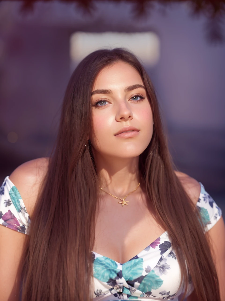 alistic: 1.2). The intricate details of her face, including her glittering eyes with realistic pupils, mesmerize the viewer. Her brown pupils glisten with warmth and depth, reflecting the serene surroundings of the beach. The image captures her in a relaxed pose, basking in the golden hours of the evening, as the sun begins to set. The composition showcases her slender and toned body, accentuated by the soft, warm glow of the sunlight. The shallow depth of field adds a touch of cinematic magic, with the background gently blurred, allowing the viewer to focus solely on her natural beauty. The photograph exudes a sense of tranquility and captures a carefree moment frozen in time. This masterpiece of a photo, shot with