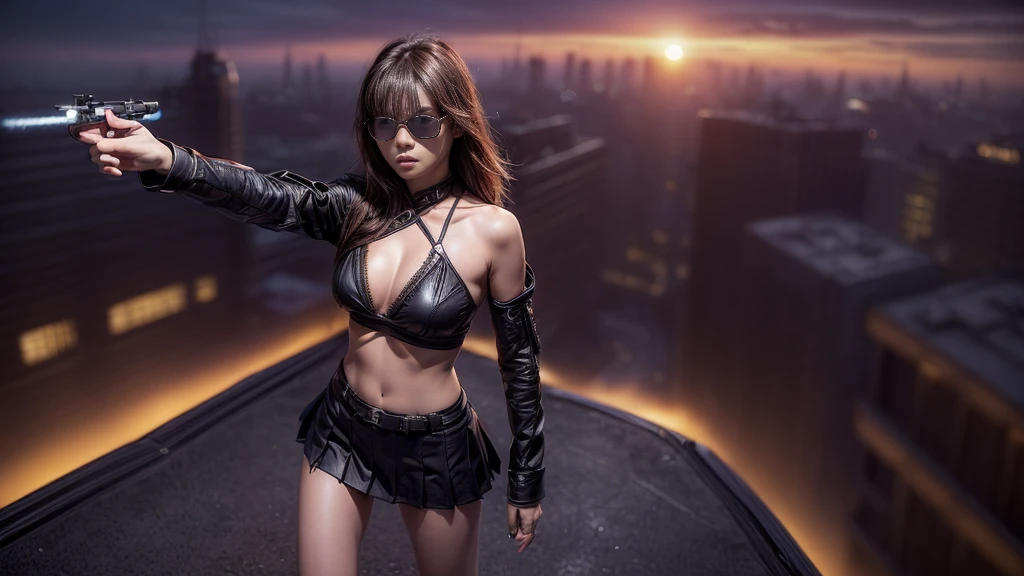 (((At night, ((very dark sunset sky)), (((1girl, solo))), a western woman, photo realistic, large-breast:1.2 slim body, cleavage, off tube top, short pleated miniskirt, standing on rooftop, (matrix style black sunglasses), (((aiming towards viewer with a short:0.8 pistol))), half-body thigh level medium:1.2 shot))). In the background, simple aerial view of a sci-fi futuristic city, (((flying vehicle speeding towards viewer))).