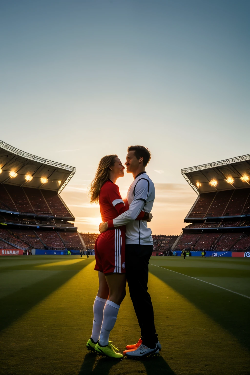 ((Best Quality)), ((Masterpiece)), (detailed), couple of a male soccer player with a woman hugging with their backs to each other in a soccer stadium on a sunset, full body image
