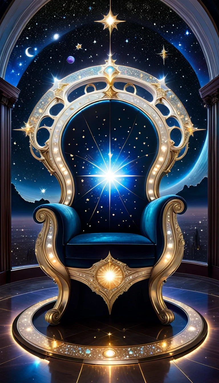 A majestic throne that glows with the light of a thousand stars. The seat and backrest are embedded with sparkling crystals that mimic constellations. The armrests are shaped like crescent moons, and the base of the throne is carved with celestial motifs. The throne sits in a vast observatory with a domed glass ceiling showing a breathtaking night sky filled with stars and planets.