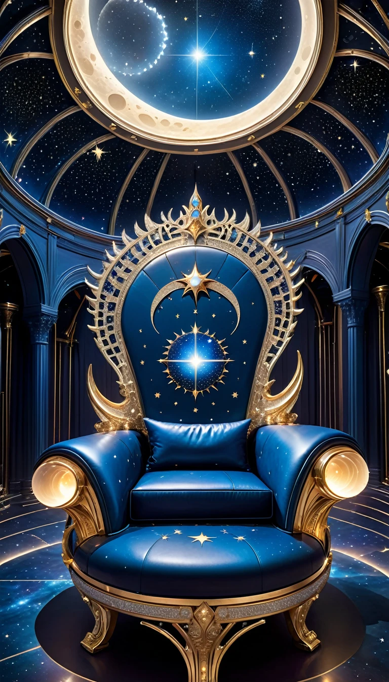 A majestic throne that glows with the light of a thousand stars. The seat and backrest are embedded with sparkling crystals that mimic constellations. The armrests are shaped like crescent moons, and the base of the throne is carved with celestial motifs. The throne sits in a vast observatory with a domed glass ceiling showing a breathtaking night sky filled with stars and planets.