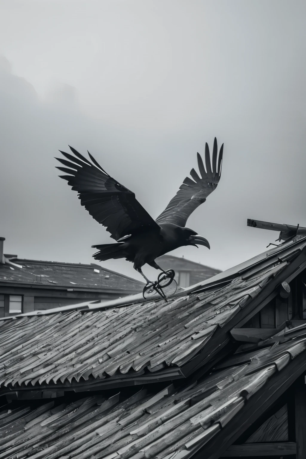 building,Monochrome,landscape,Crow,1 p,Flying