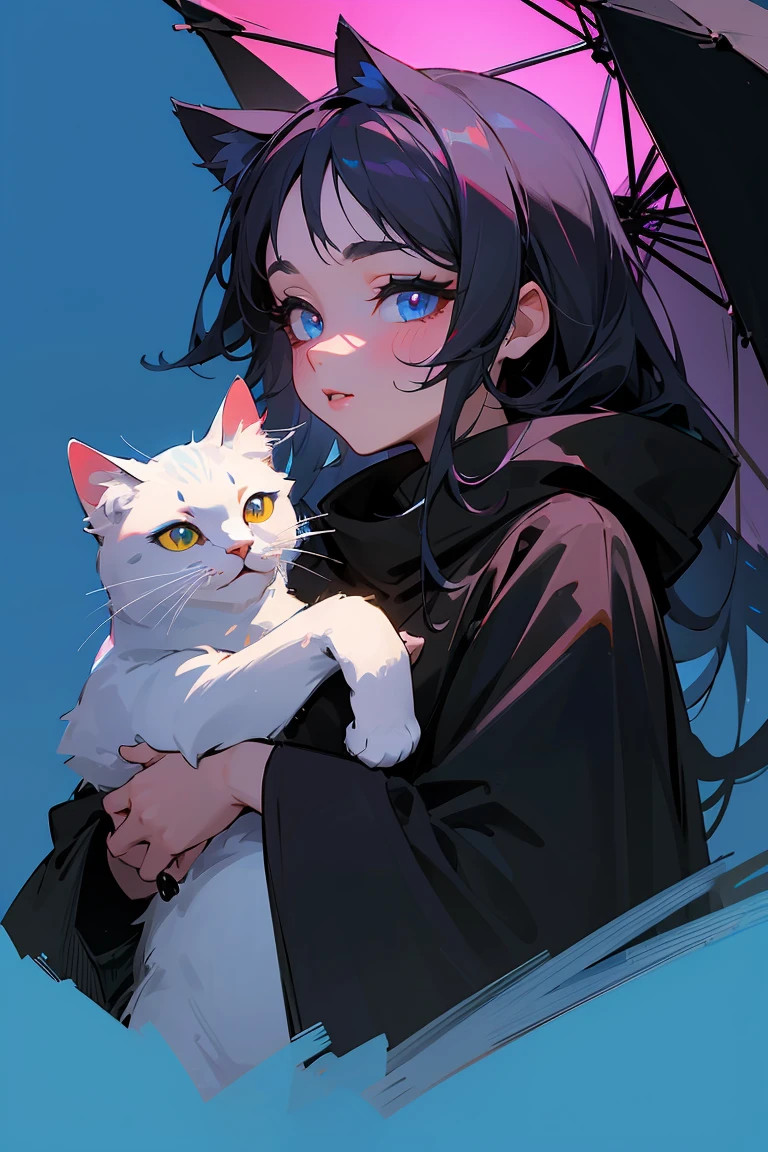 (hight resolution,Masterpiece:1.2),Vivid colors,beautiful detail eyes,beautiful detailed lips,long eyelashes,black coat,fluffy fur,cute expression,Feline Grace,Let's move on to the camera,on a blue background, Neon, night time, ciberpunk