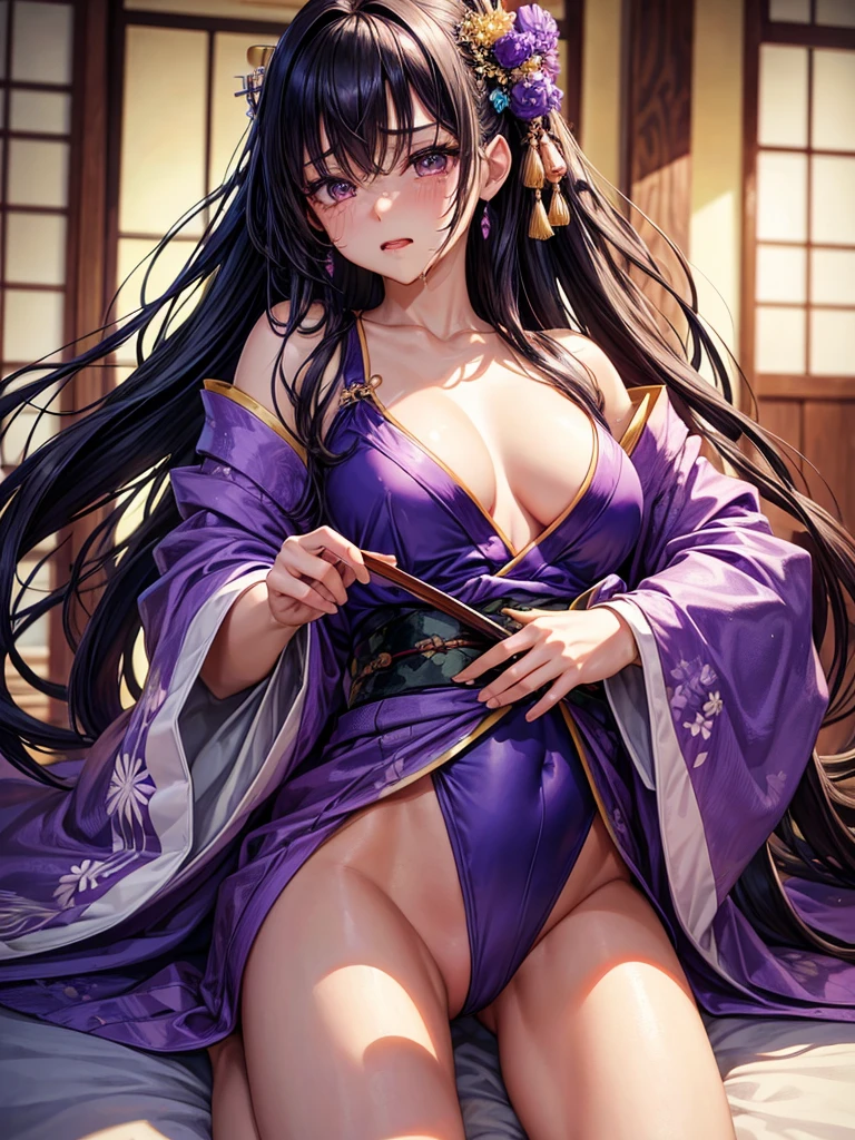 Highest quality,Highest Resolution,A crying beautiful woman in a purple kimono leotard,Black Hair,hairpin,High leg,Japanese-style room,whole body,tabi,Tears,Open your mouth and drool,Very beautiful eyes,