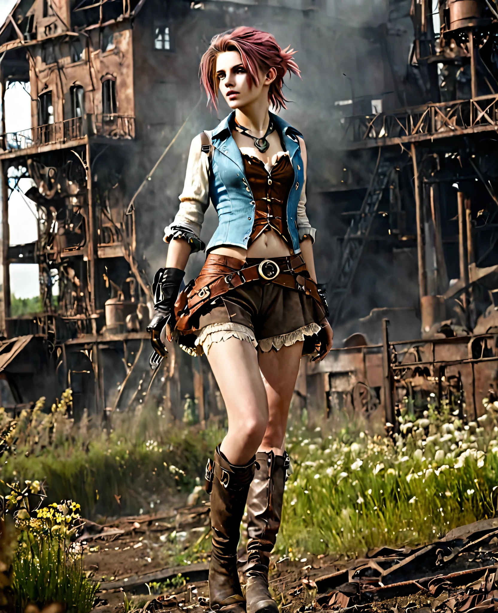 (((high resolution))), (((extremely detailed))), ((masterpiece)), dramatic shadows, depth of field, analog photo style, (world in which are collide steampunk and postapocalyptic vibes), postapocalyptic cute female in steampunk torn dirty clothes, looks like Aerith Gainsborough, depth of field, full body shot, unzoomed, (perfect body: 1.4), (sidecut short hairstyle), (stalking is quite common, although not the best way to make a living), looks interested, stylized atmosphere of unreality, dark aesthetic, dynamic pose, in motion, Armageddon, increase cinematic lighting, highly lifelike skin texture, parted lips, weary eyes, fine eyes, whitened skin, random hair colour, doomsday aura,