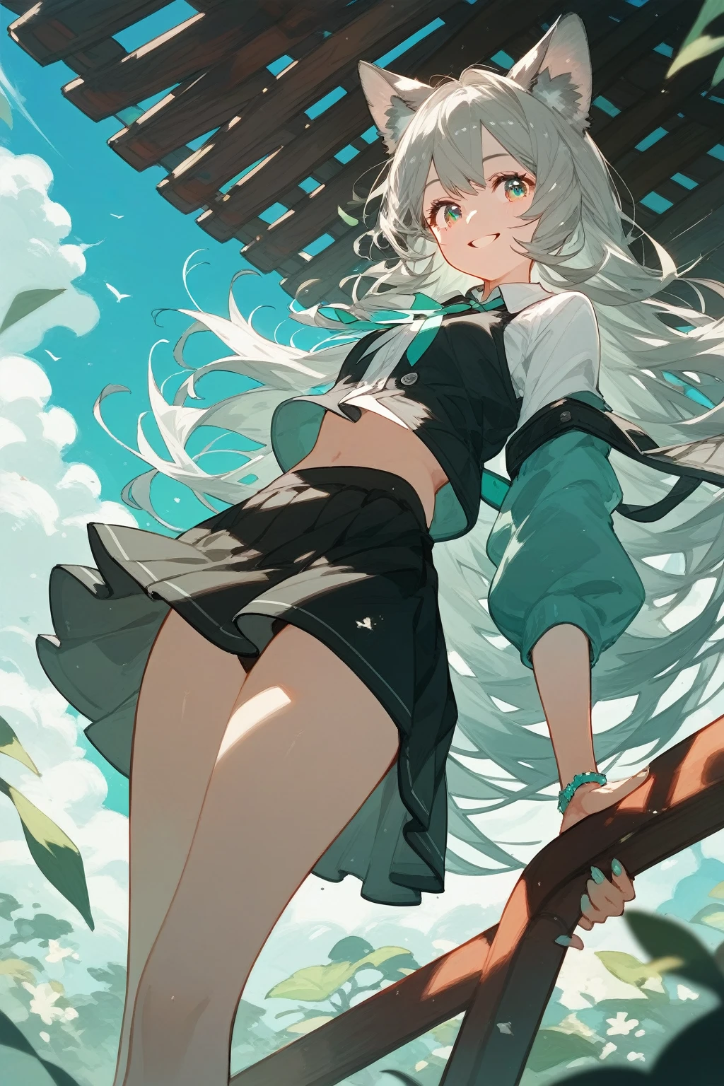 (score_9,score_8_up,score_7_up),1girl,solo, animal ears, grey hair, aqua eyes, long hair, black skirt,sky, smile,