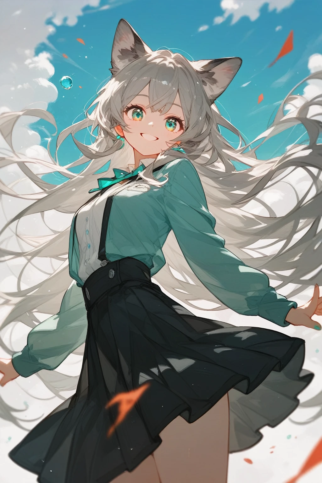(score_9,score_8_up,score_7_up),1girl,solo, animal ears, grey hair, aqua eyes, long hair, black skirt,sky, smile,
