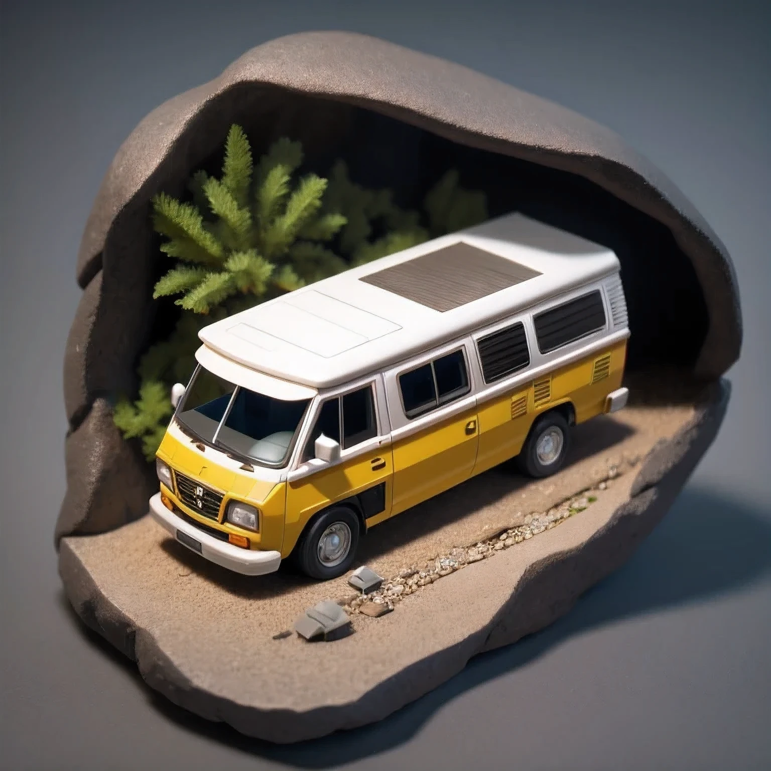 there is a small model of a camper van in a cave, stylized 3d render, 3d illustration, 3 d illustration, highly detailed diorama, 3 d low poly render, 3d low poly render, low poly 3 d, highly detailed sculpey diorama, lowpoly, low poly render, diorama model, low poly 3 d render, diorama