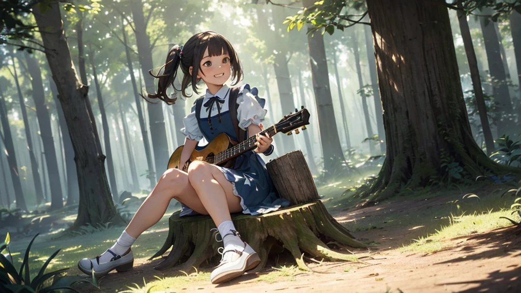 master piece, ultra detailed, hyper realistic, (Girl sitting on a stump playing guitar:1.4), Alice in wonderland dress, blue dress with white apron, peter pan collar, puff sleeves, knee-length skirt, white stockings, black Mary jane shoes, An infectious smile that makes everyone around feel happy, flower field, a forest with sunlight filtering through the trees, creating a spotlight like effect of dappled light, detailed lighting, intricate shadows, warm tones, highly detailed, photorealistic, A Dutch angle shot, tilted to one side for a dynamic and dramatic effect, 