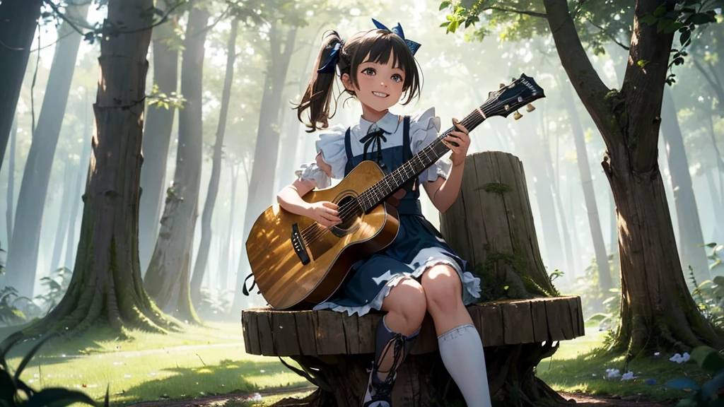 master piece, ultra detailed, hyper realistic, (Girl sitting on a stump playing guitar:1.4), Alice in wonderland dress, blue dress with white apron, peter pan collar, puff sleeves, knee-length skirt, white stockings, black Mary jane shoes, An infectious smile that makes everyone around feel happy, flower field, a forest with sunlight filtering through the trees, creating a spotlight like effect of dappled light, detailed lighting, intricate shadows, warm tones, highly detailed, photorealistic, A Dutch angle shot, tilted to one side for a dynamic and dramatic effect, 