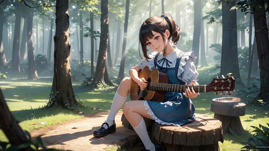 master piece, ultra detailed, hyper realistic, (Girl sitting on a stump playing guitar:1.4), Alice in wonderland dress, blue dress with white apron, peter pan collar, puff sleeves, knee-length skirt, white stockings, black Mary jane shoes, An infectious smile that makes everyone around feel happy, flower field, a forest with sunlight filtering through the trees, creating a spotlight like effect of dappled light, detailed lighting, intricate shadows, warm tones, highly detailed, photorealistic, A Dutch angle shot, tilted to one side for a dynamic and dramatic effect, 