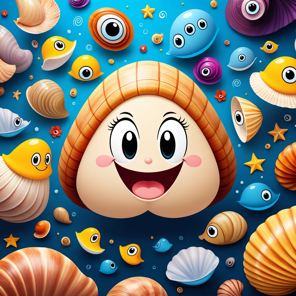 Create a 4K wallpaper with a cartoon mollusk depicting a happy expression, surrounded by relevant elements and set against a suitable background.