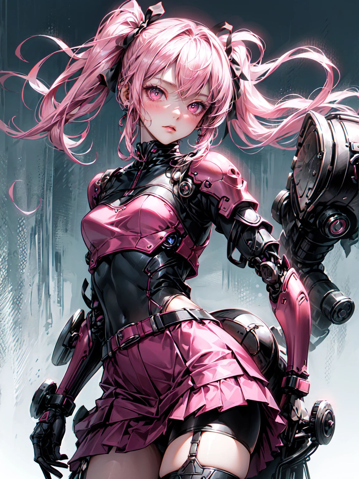 masterpiece, Confused, Highest quality, Very detailed, High resolution, (Realistic and realistic:1.2) , (shape), Cinema Lighting, (Detailed face:1.2), 1 Girl, (alone), (12 years old:1.2)(Shiny skin, Shiny skin:1.2),(Black and pink jirai fashion:1.2), (hair ribbon, Twin tails)、Pink sweater with vertical stripes, Black pleated skirt, Earrings,garter belt, Black knee socks,
(The outer color is black, The color inside is pink) ハイTwin tails, hair above eyes, hair 、Cowboy Shot、Organic Armor Cyborg、Machine Armor
