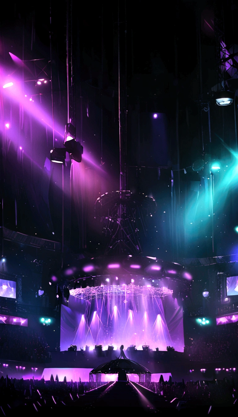 The background features a massive stage setup, concert dome, laser light purple and an elaborate set design. Dramatic lighting creates a mesmerizing atmosphere.